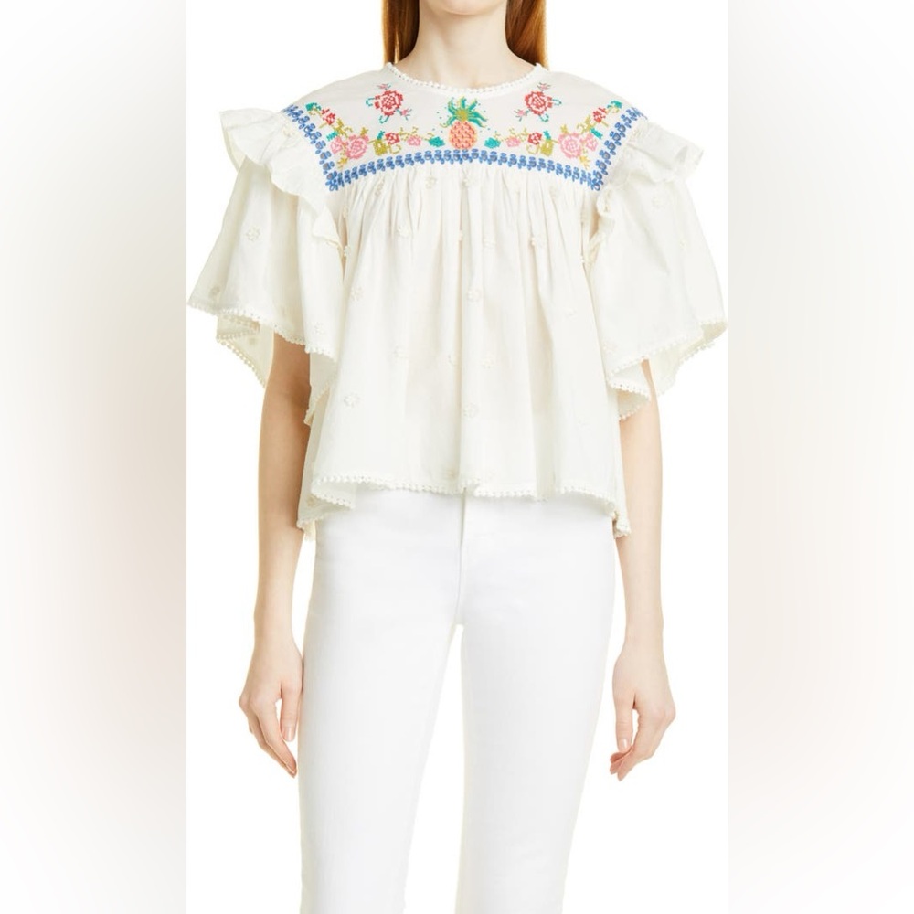 FARM Rio NWOT Off-White Cross Stitch Embroidered Blouse M